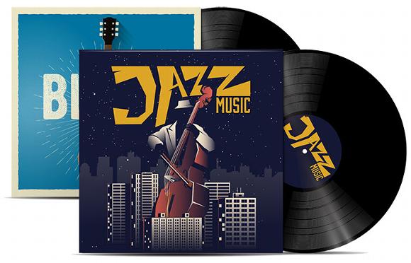 Vinyl's sliding out of printed sleeves, jazz Music on the cover